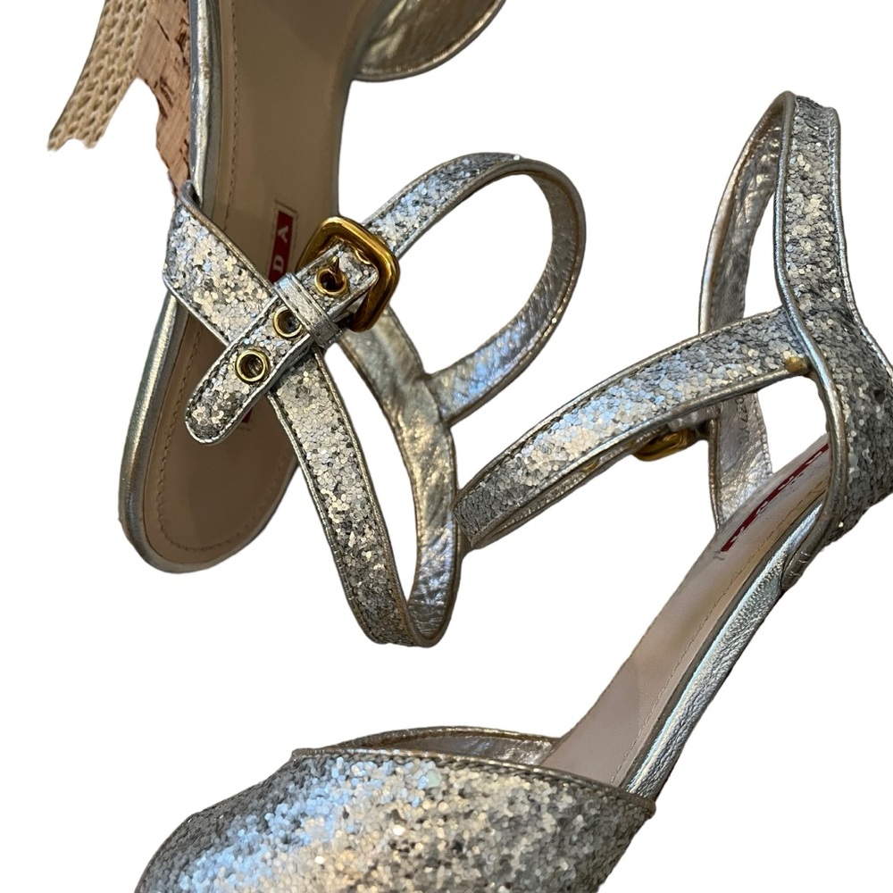 Prada Silver Glitter Cork Wedge Sandal, Sz 40 - Picture 15 of 16